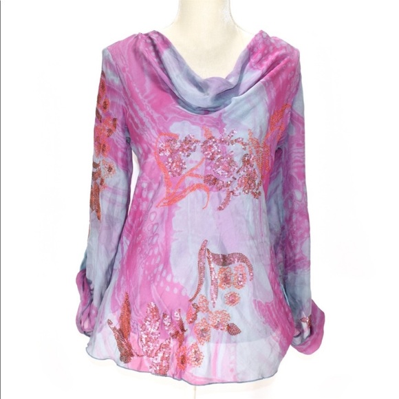 Hale Bob Tops - HALE BOB Silk Swirl Draped Embellished Blouse